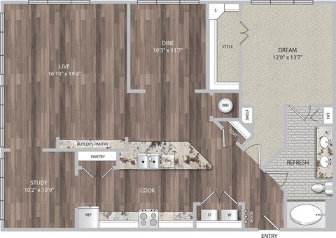Floor plan for 1 bed, 1 bath, 1319 sqft